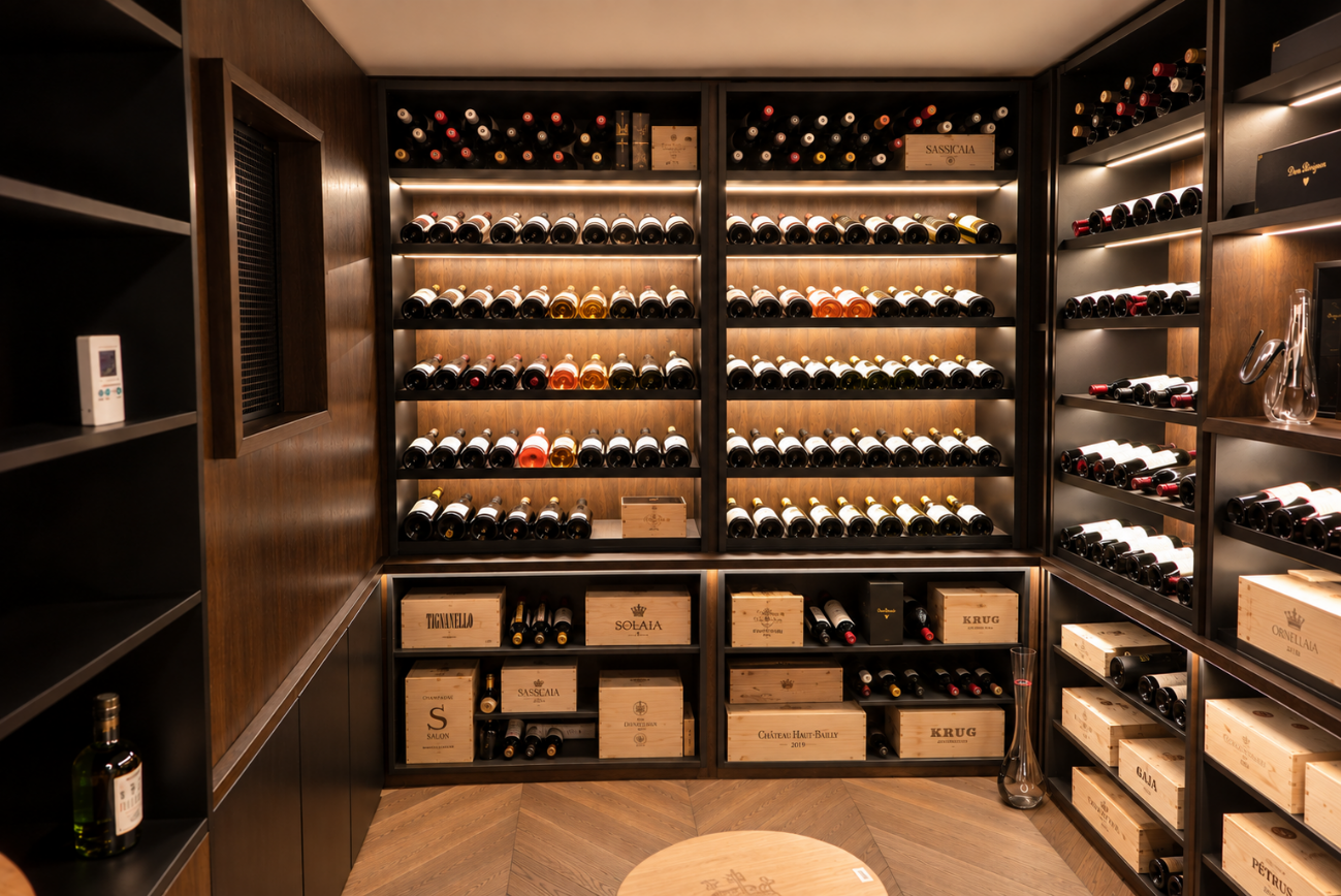Ferro e legno, tondino di ferro, design contemporaneo, norcineria di qualità, spazio degustazione, convivialità, cantina e salumi, Berkel, abbattitore di temperatura per vino, cantina domestica di lusso